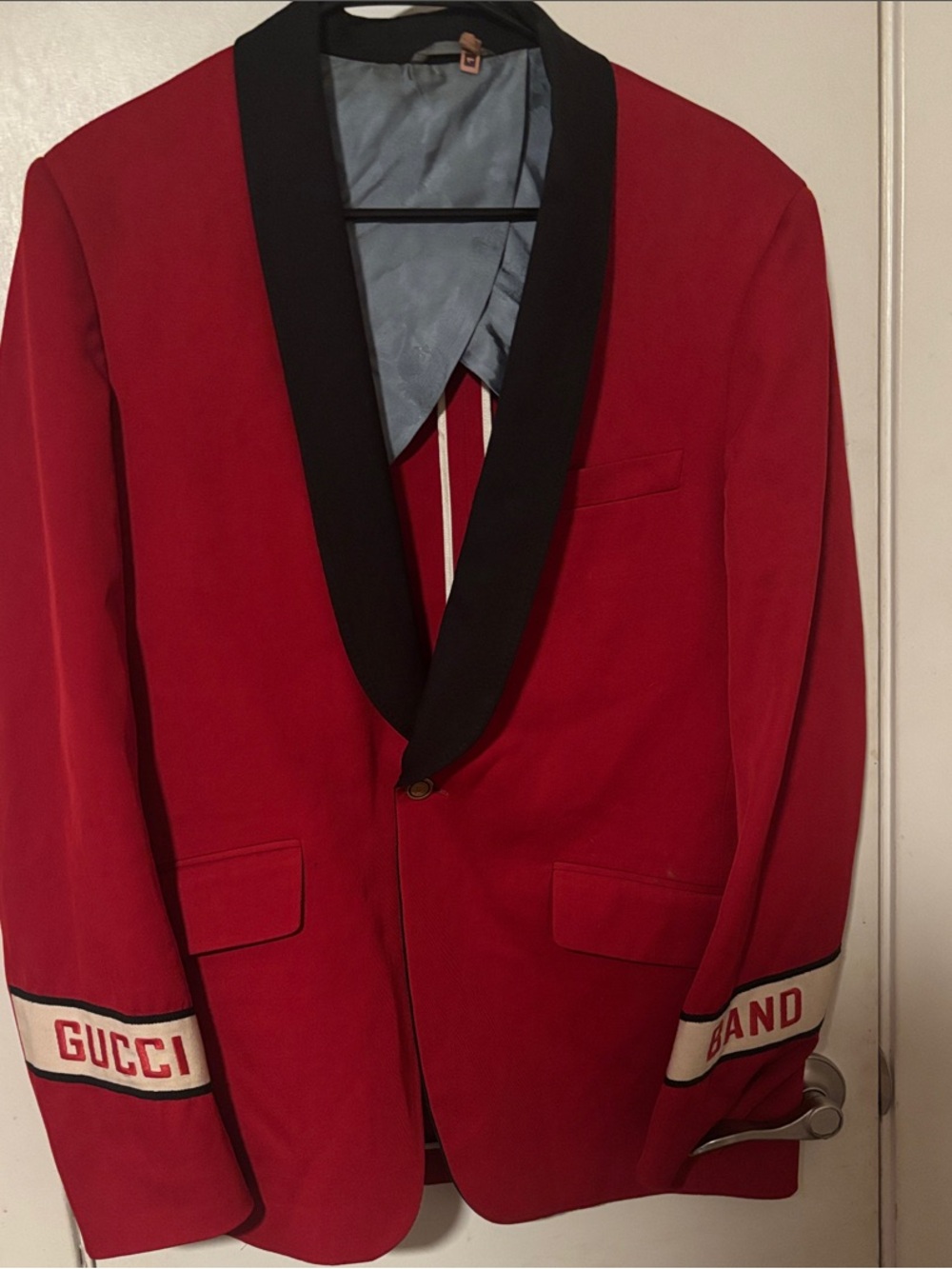 Gucci Red Blazer with Black Shawl Collar and Branded Sleeve Bands